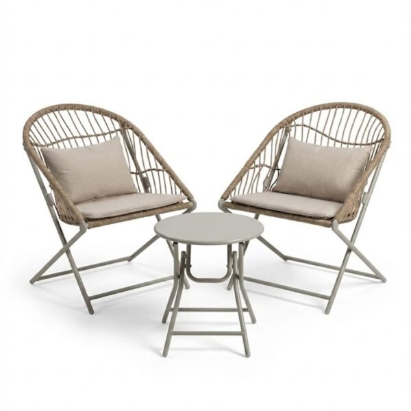Set de exterior Yolanda plegable hierro y ratan beige (3 piezas: 2 silloncitos y auxiliar)